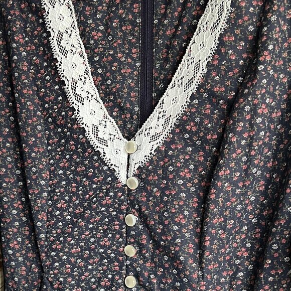 Vintage 70s Puff Sleeve Midi Dress Cottagecore Prairie Floral Print Lace Western - Picture 6 of 7